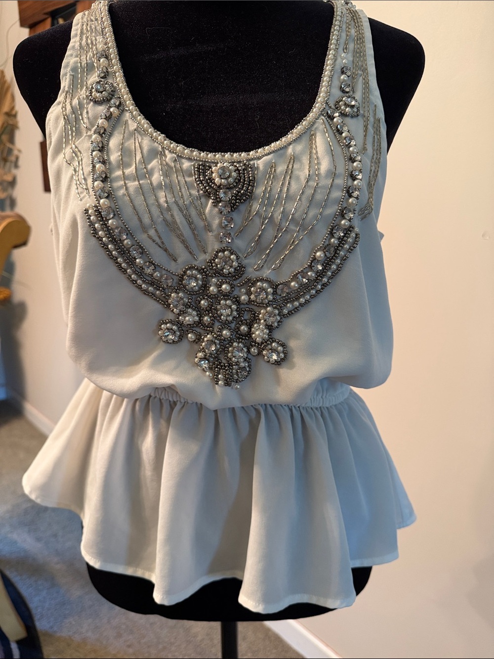 bebe Ivory Beaded Peplum Camisole